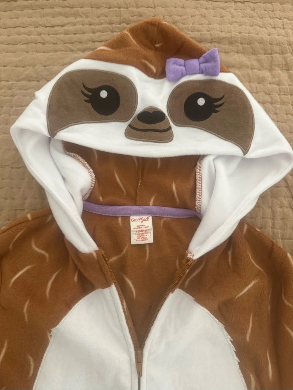Kids Sloth One-Piece Pajama with Hood - Brown & White